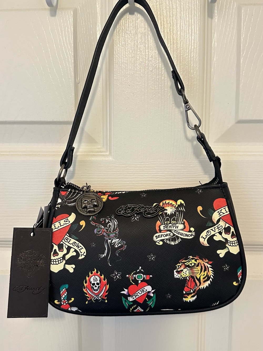 Ed Hardy Black Shoulder Bag with Multicolor Tattoo Prints